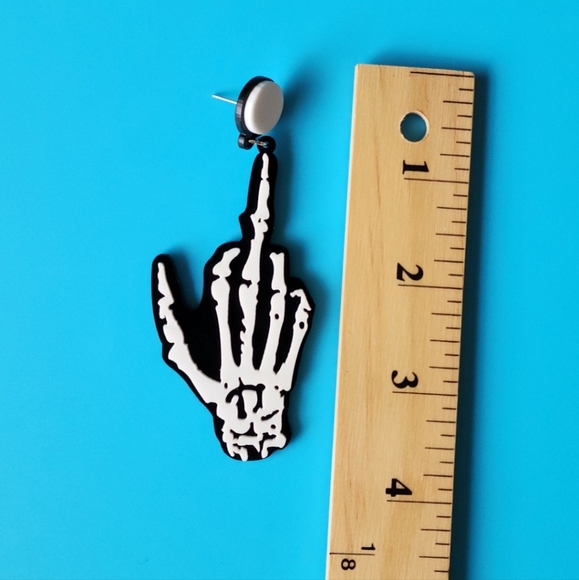 Skeleton Middle Finger Hanging Earrings Gothic Skull Hand New - Picture 3 of 4